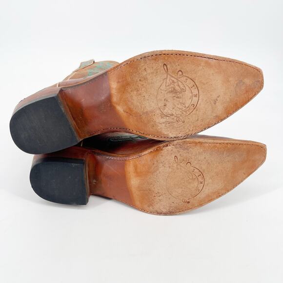 Lucchese Women’s 11 Cognac Leather Teal Stitch Studded Pointed Toe Cowgirl Boots - Picture 10 of 12